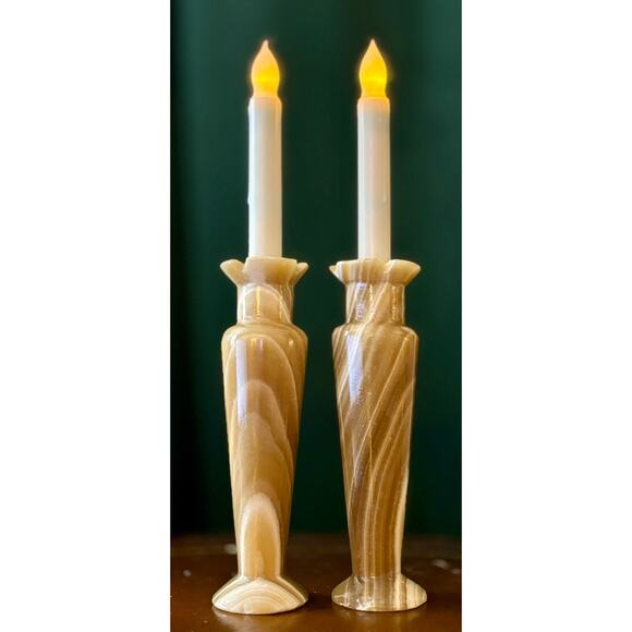 Vintage Egyptian Alabaster Marble Onyx Vases Candle Holders Set of 2 Handmade - Picture 13 of 13